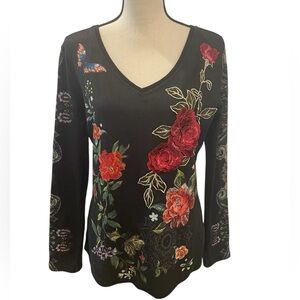 Black Floral Embroidered Long Sleeve Top